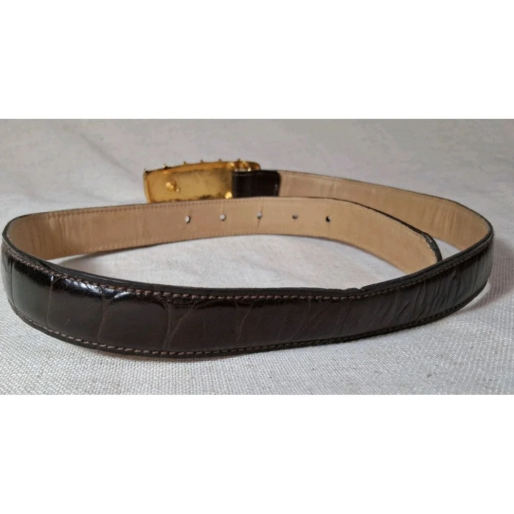 Vintage Anne Klein Calderon #8095 Medium BROWN Leather Belt 80's  Gold Front